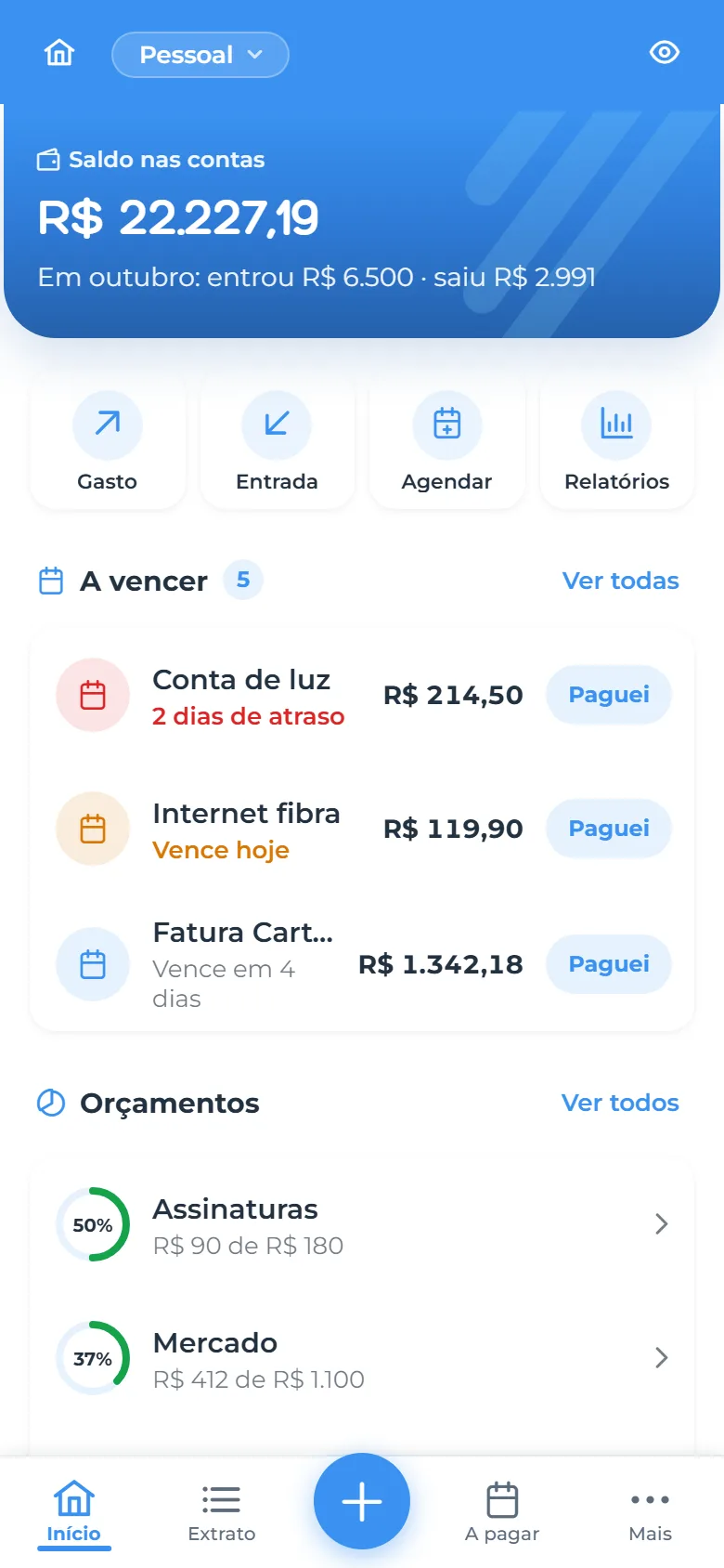 Panel de Finanzas con saldo, cuentas por vencer y presupuestos