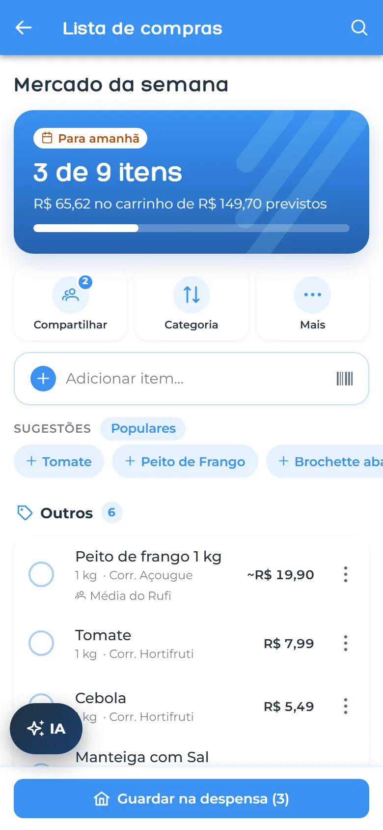 Lista de compras compartida con productos marcados y precio estimado