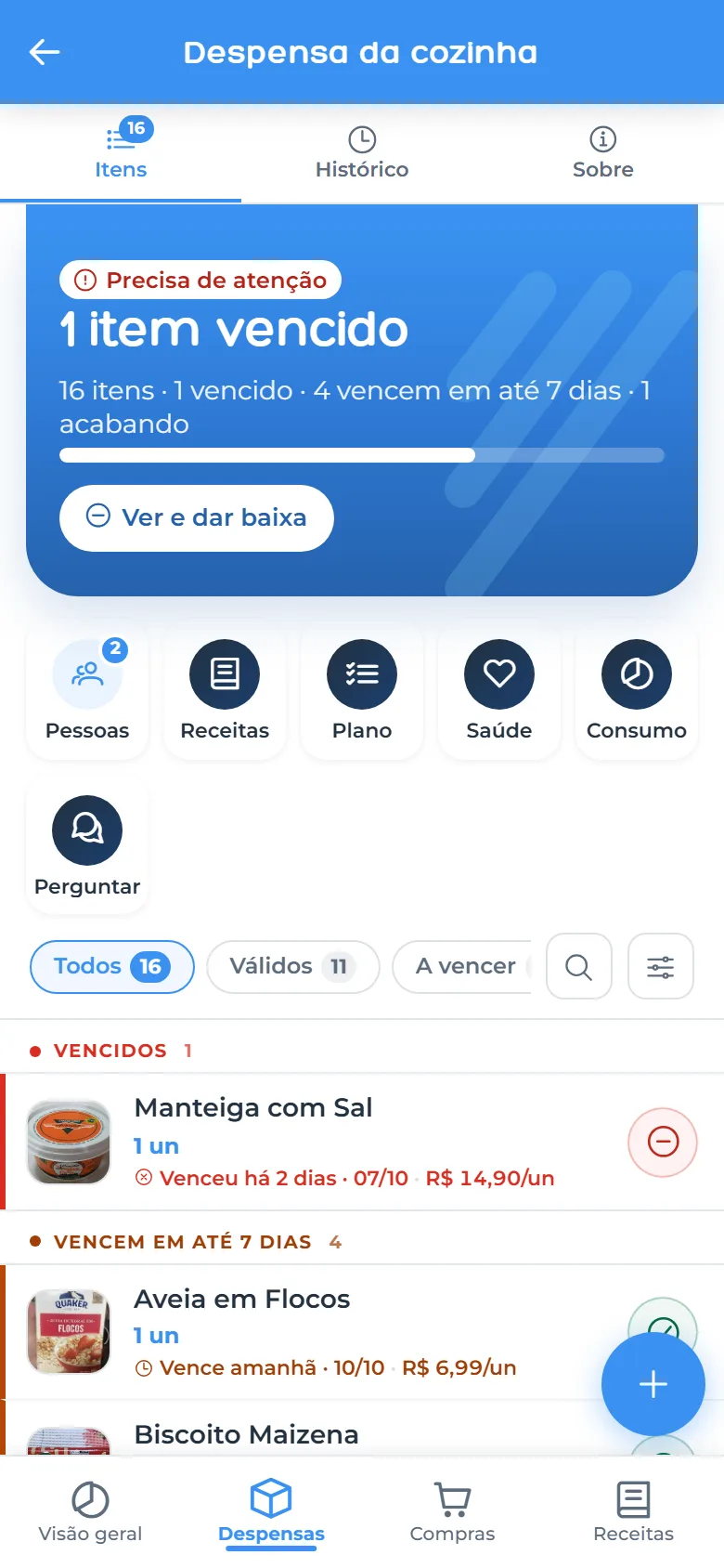 Despensa com itens vencidos, vencendo e com foto do produto