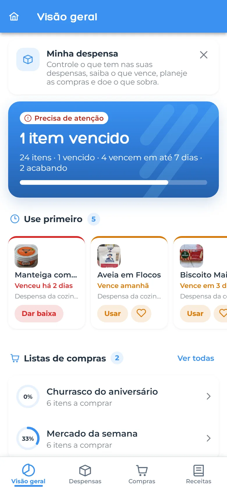 Visão geral da despensa com o que usar primeiro
