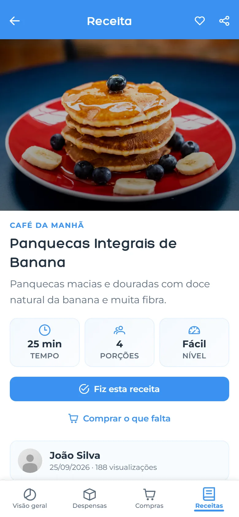 Receta con tiempo, porciones y botón para comprar lo que falta