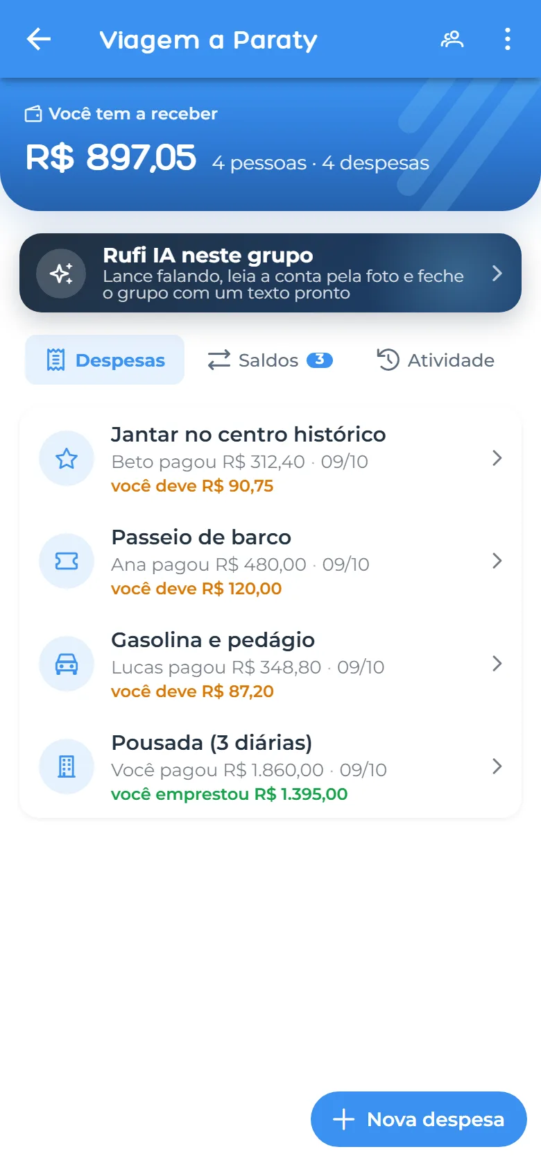 Grupo de Dividir con gastos, quién pagó y cuánto debe cada uno