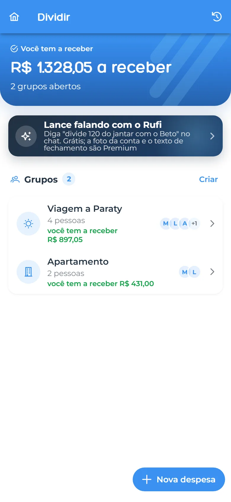 Lista de grupos do Dividir com o saldo a receber